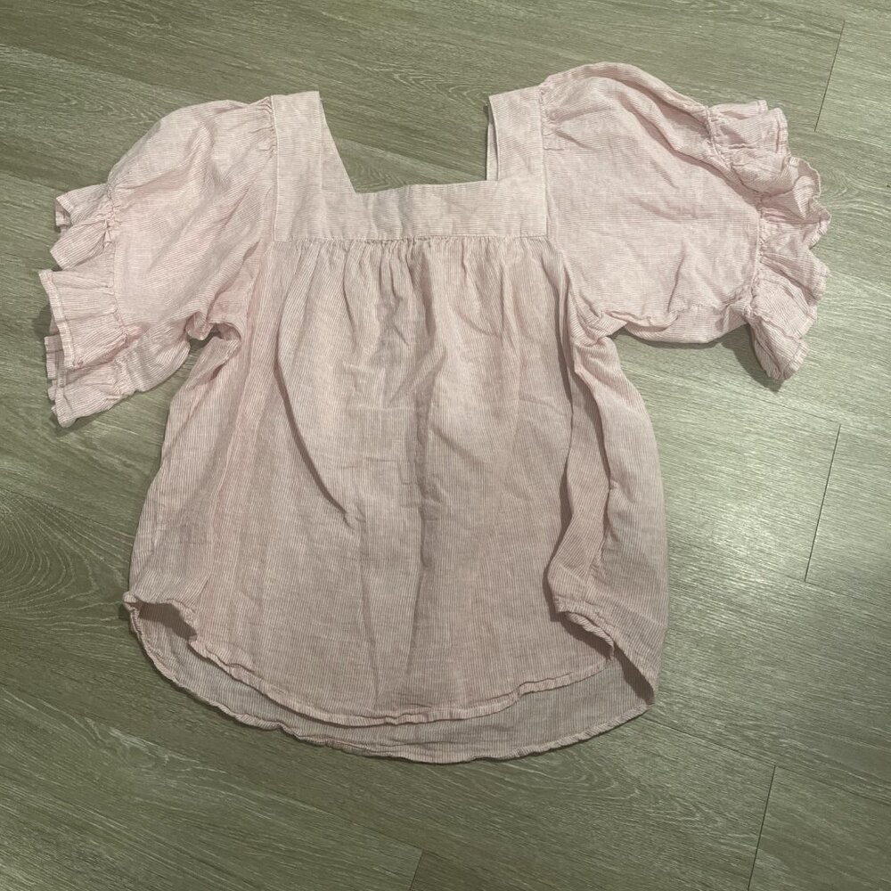 Beach Lunch Lounge Naomi Linen Flutter Sleeve Pink/White Top Size M Women